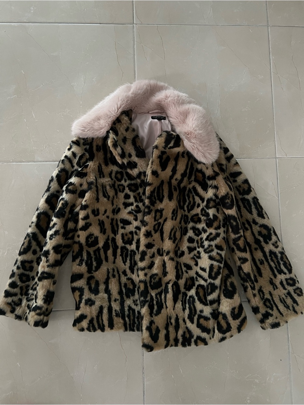 Topshop Leopard Print Faux Fur Coat with Pink Faux Collar